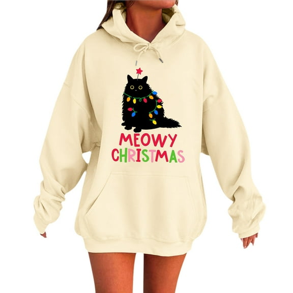 Tiweut Womens Christmas Hoodies Hoodies Santa Cat Printed Sweatshirt Long Sleeve Hooded Loose Fit Pullover Regular Tops Beige,L