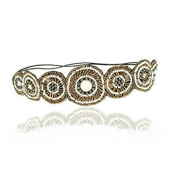 Gold and Cream Bridal Wedding Stone Beaded Headband Elastic Stretch Headwrap with Style Guide 20 Differnt Ways to Wear for Wedding, Bride, Flower Girl, Bridesmaid, or Prom