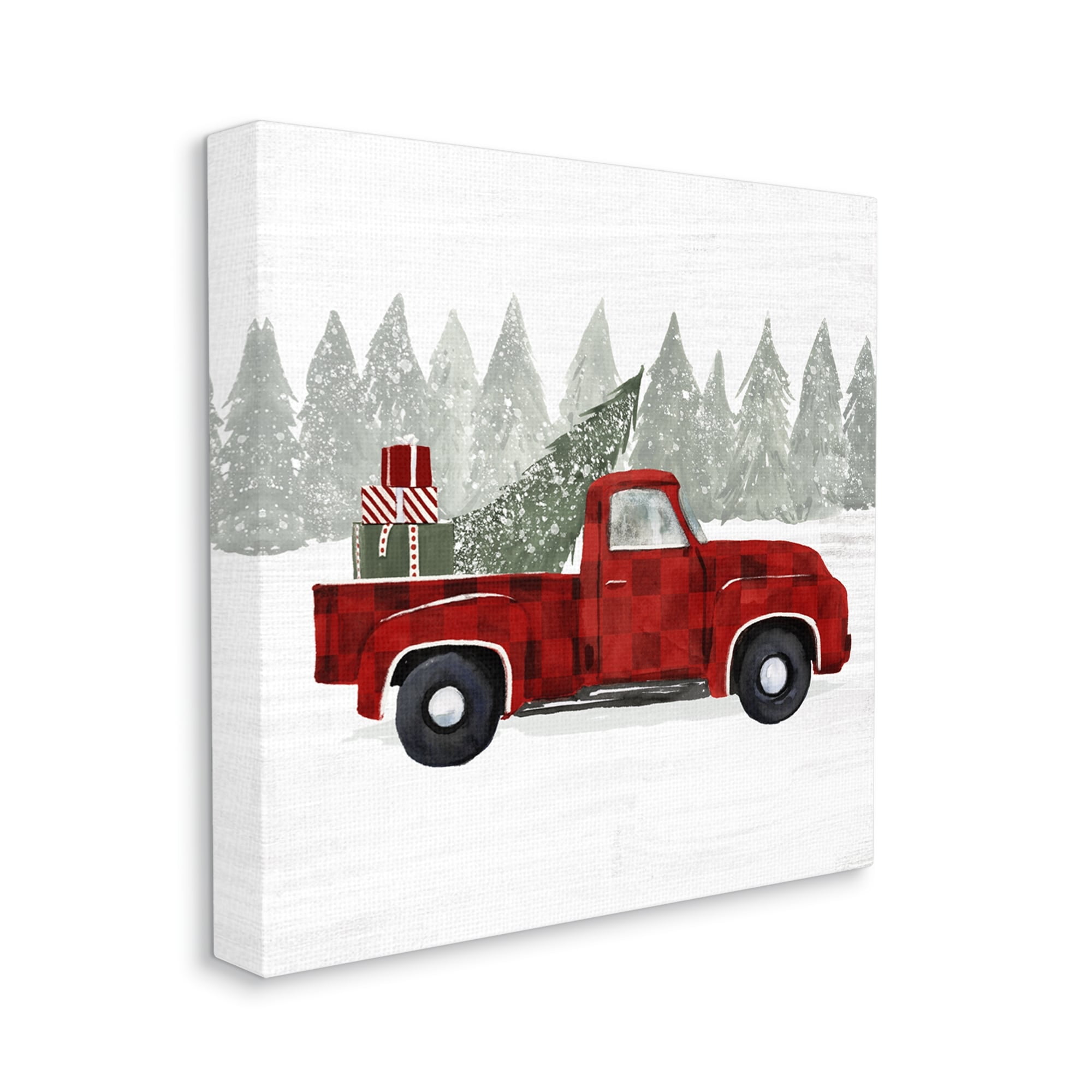 Red Buffalo Plaid Vintage Truck Christmas Tree Snowfield Transportation Painting Gallery-Wrapped Canvas Print Wall Art