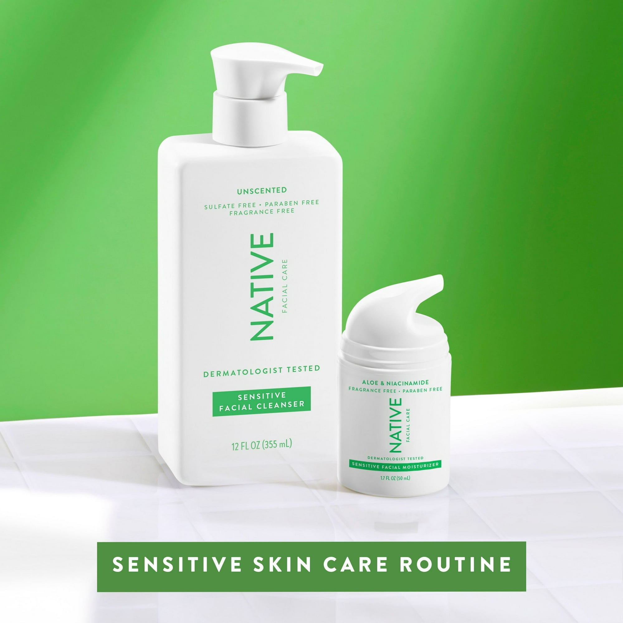 Native Skin Care Sensitive Facial Cleanser 12 oz + Moisturizer 1.7 oz Set