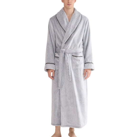 SWSMCLT Men's Long Sleeve Fleece Bath Robe Sleepwear Long Warm Comfy Soft Thick Winter Wrap Medium Sleeping Grey Large-X-Large