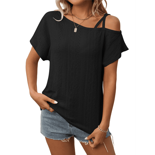 Blusas Cruzadas de un Solo Hombro para Mujer, Camisetas de Verano con Hombros Descubiertos, Blusas Casuales de Corta con Ojales. Negro S