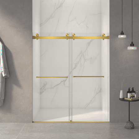 56-60"W x 70"H Frameless Double Sliding Shower Door,5/16" (8mm) Thick SGCC Tempered Clear Glass,Double Side Easy Clean Coat,Brushed Gold Finished With Buffer
