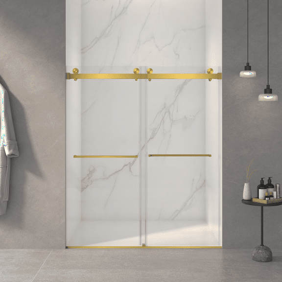 56-60"W x 70"H Frameless Double Sliding Shower Door,5/16" (8mm) Thick SGCC Tempered Clear Glass,Double Side Easy Clean Coat,Brushed Gold Finished With Buffer