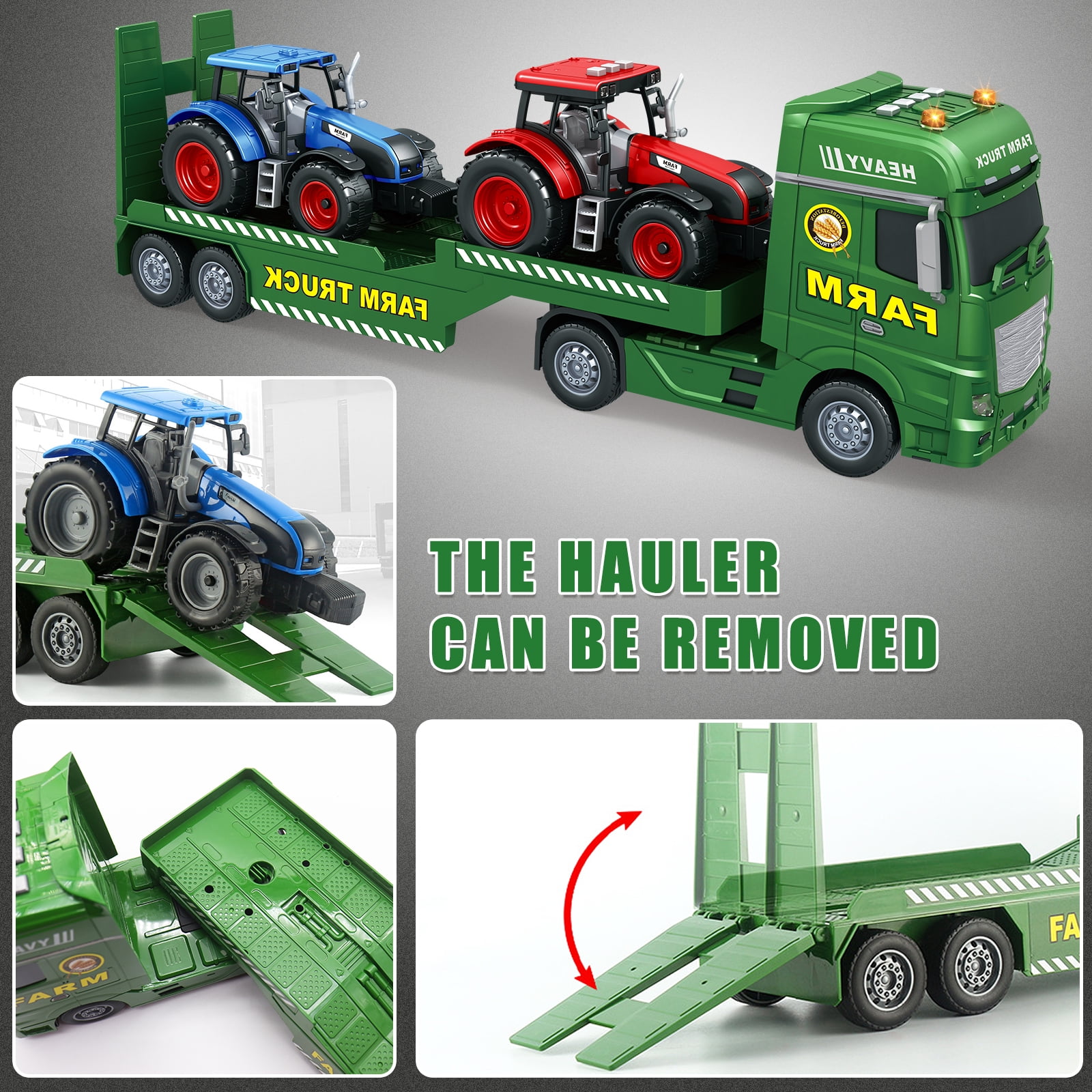 3 in 1 Large Farmer Truck Toy, 25" Semi Flatbed Truck Toy with 2 Tractors, Friction Powered Vehicles Toys with Lights and Sounds