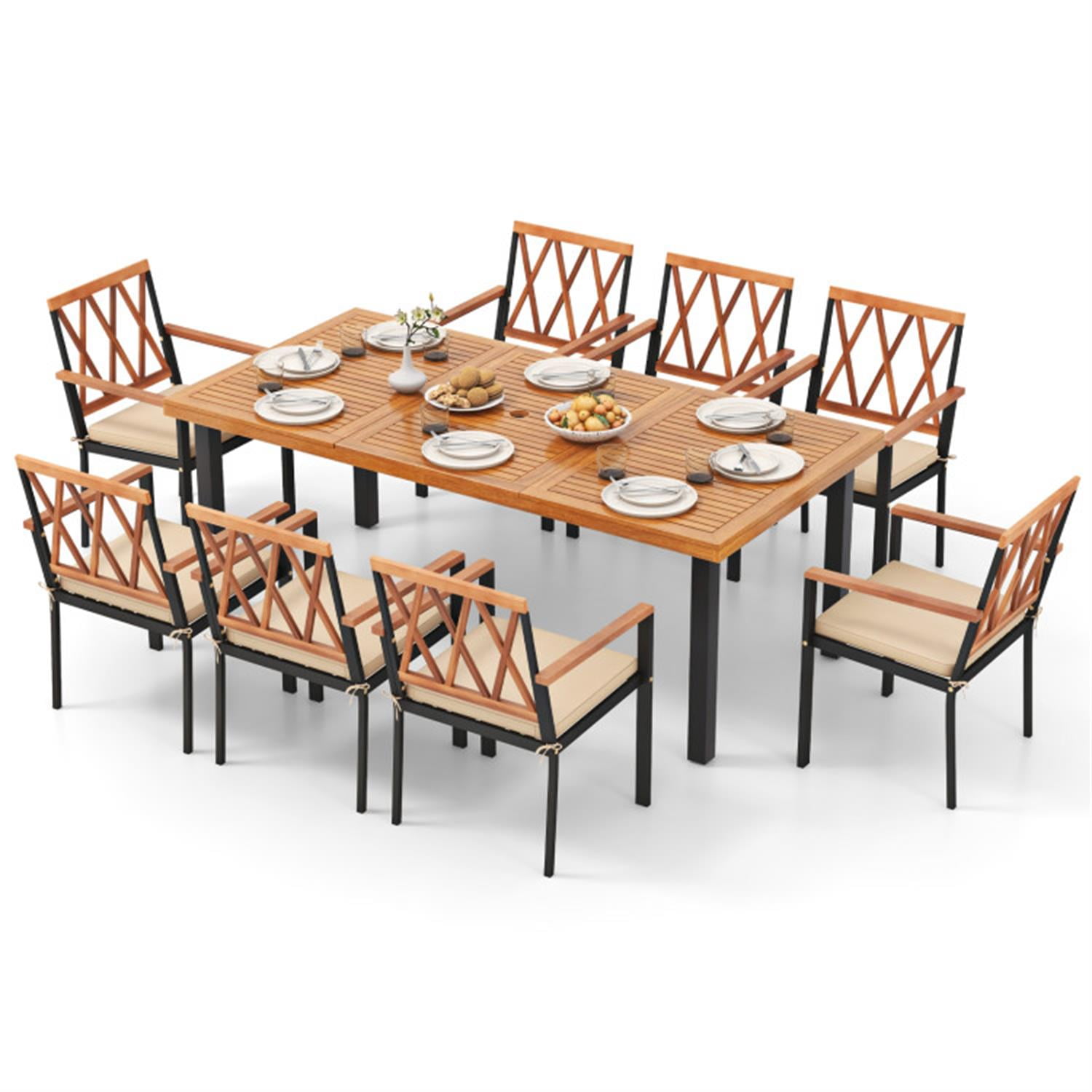 Demi Bonn 9 Pieces Patio Dining Furniture Set, 39.5" Acacia Wood Table with Umbrella Hole and 24, Wide Chairs, Beige-B