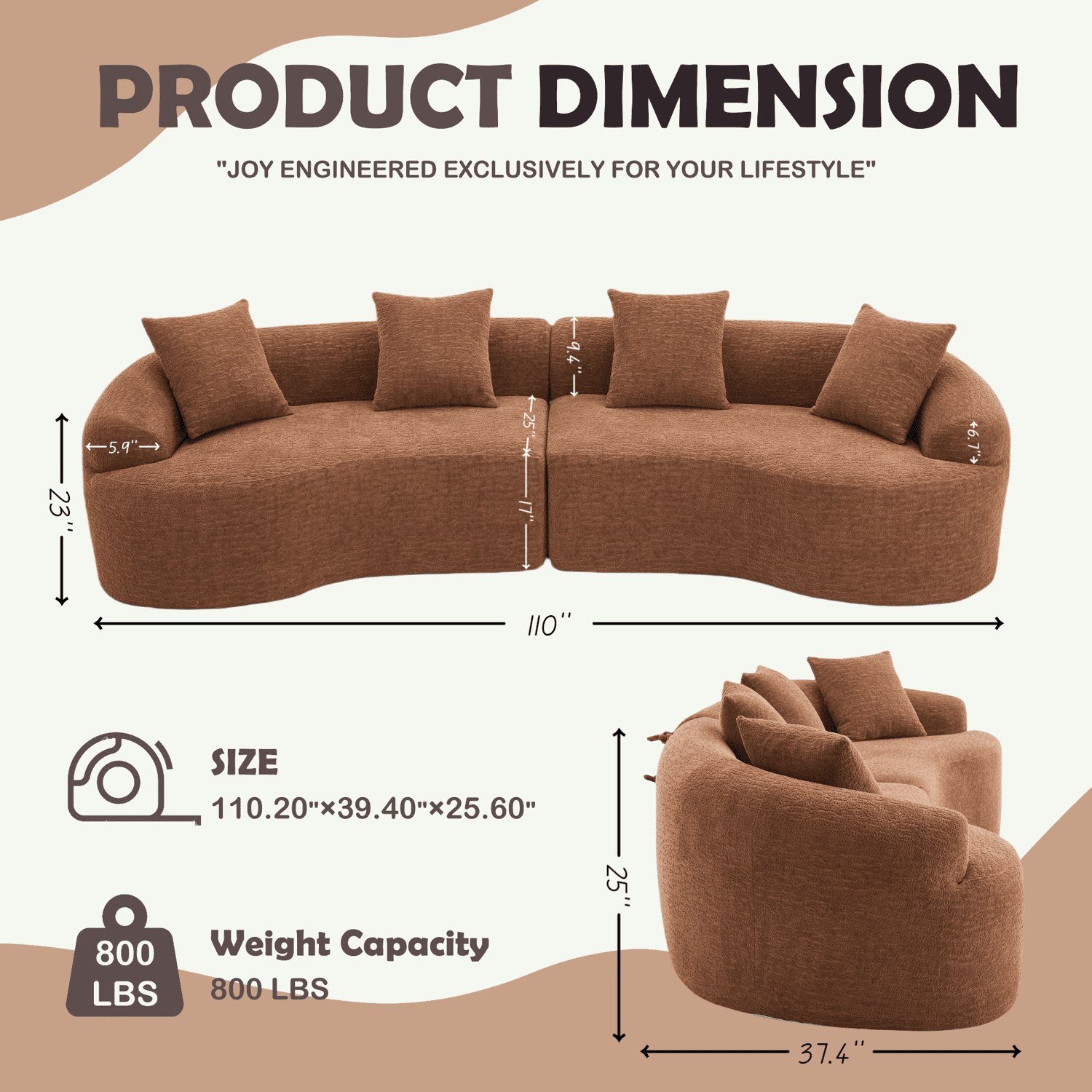 Demi Bonn 110"L Modular Sectional Sofa with Full Compression Sponge, Curved Design, High-Density Chenille Sleeper Couch for Living Room, 800 lbs Capacity, Beige