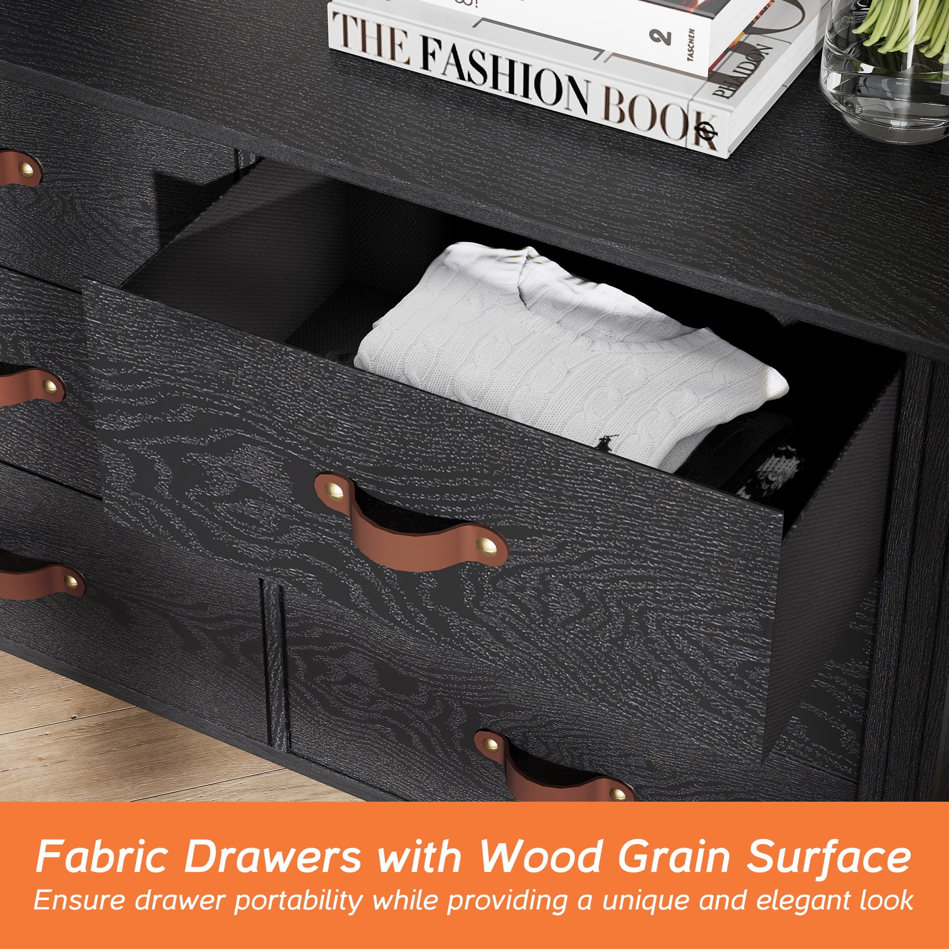 Dresser for Bedroom, Wood Dresser with 6 Drawers, Storage Cabinet for Living Room, Hallway, Black
