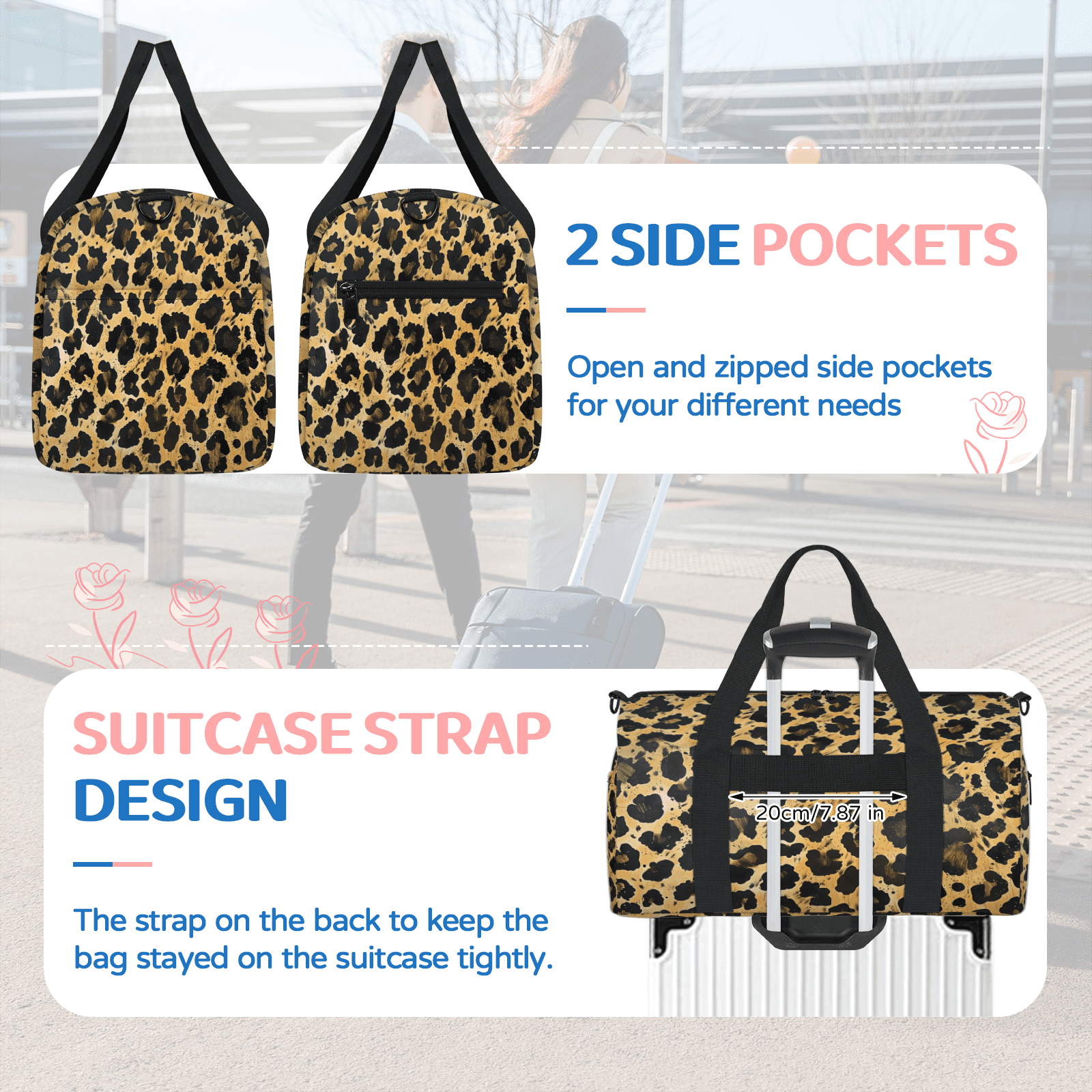 Herdesigns Leopard Print Gym Bag for Women, Duffle Bag for Travel Sport, Lightweight Waterproof Carry on Weekender Overnight Dance Yoga Workout Bags