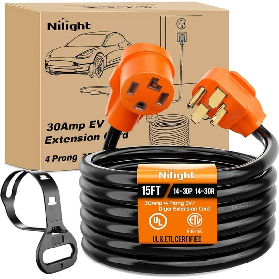 Nilight 15FT EV Dryer Extension Cord 4 Prong 30 Amp NEMA 14-30P 14-30R Old Dryer Extension Cable Heavy Duty 10 Gauge Pure Copper Wire UL Listed 125/250V for Level 2 EV Charging