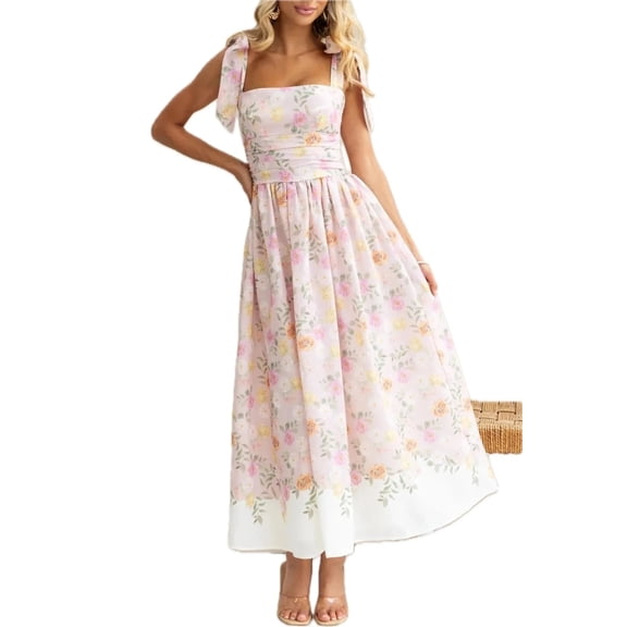 Women's Printed Tie Shoulder Midi Cami Dress with 100% Polyester Fabric for Elegant Everyday Wear and Effortless Style