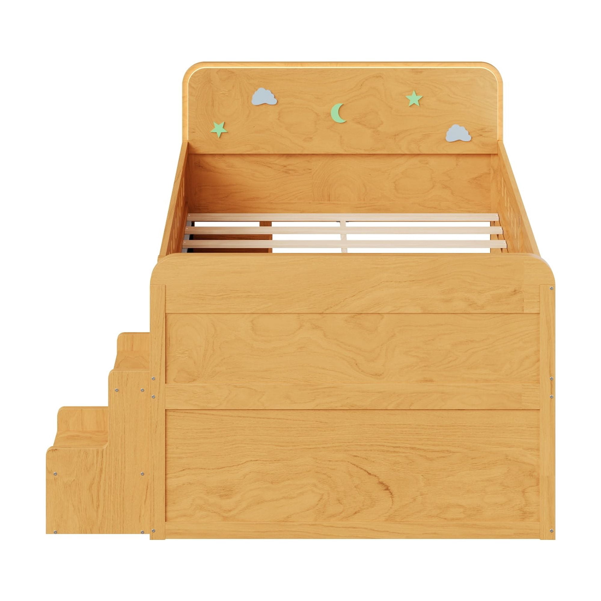 Euroco Wood Full Size Platform Bed with 4 Drawers and LED Light, Low Profile Kids Bed with Storage, White