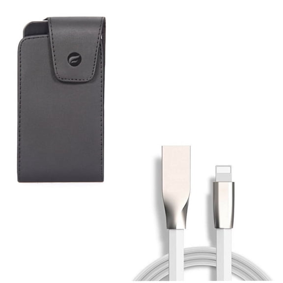 Case Belt Clip w USB Cable for iPhone 8/7/6S/6 - Leather Swivel Holster Vertical Cover, 6ft Flat Charger Cord Power Wire for iPhone 8/7/6S/6 Models