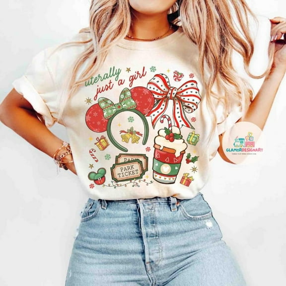 Disney Literally Just A Girl Christmas Comfort Colors T-Shirt, Minnie Bow Coffee Tee, Disney Merry Christmas Shirt Disneyland