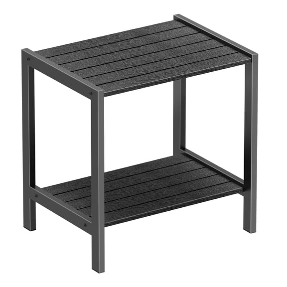 Weather Resistant Outdoor Patio Side Table, 2-Tier Small Adirondack End Table with Sturdy Metal Frame, Easy to Assemble Storage Side Table for Garden, Pool, Deck, Balcony, Black