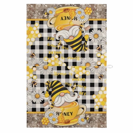 Yellow Gnomes 1 Pack Kitchen Towel Water Absorbent Dish Towel Vintage Buffalo Plaid Black Bee Daisy Decorative Hand Towels - Quick Drying Cloth for Cooking Baking 18x28 Inch