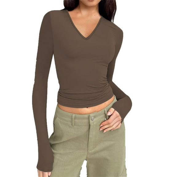 Honeeladyy Womens Long Sleeves T Shirt,V Neck Stretch Slim Fit Short Layer Tops Solid Color Spring Going Out Pullover Gift Khaki L