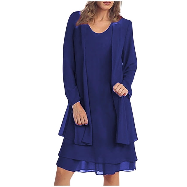 Yuyuzo Ensemble de Robe d'Invitée de Mariage 2 Pcs Tenues Formelles Chiffon Manches Longues Cardigan Ouvert Maxi Robe de Soirée