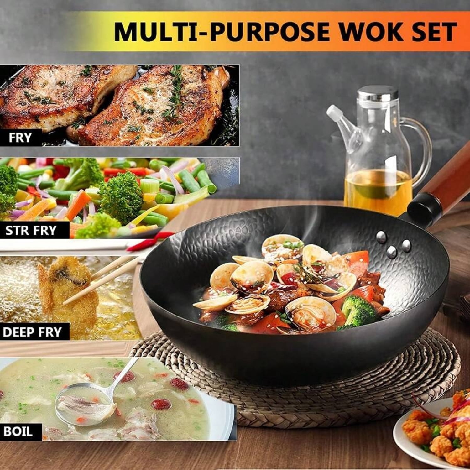 NTGFU 12.6'' Carbon Steel Wok Pan, 14 Piece Stir Frying Pans Set with Wooden Lid & Cookwares, No Chemical Coated Flat Bottom Chinese Woks for Induction