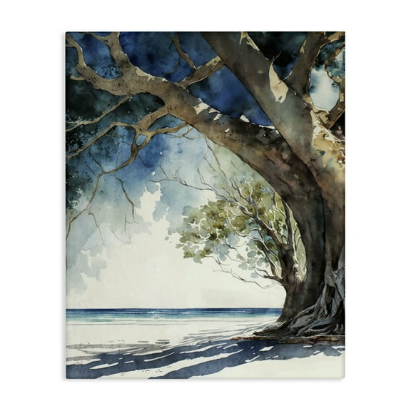 Stupell Industries Looming Tree on Coast Landscape & Nature Painting Wrapped Canvas Art Print Wall Art, 16 x 20