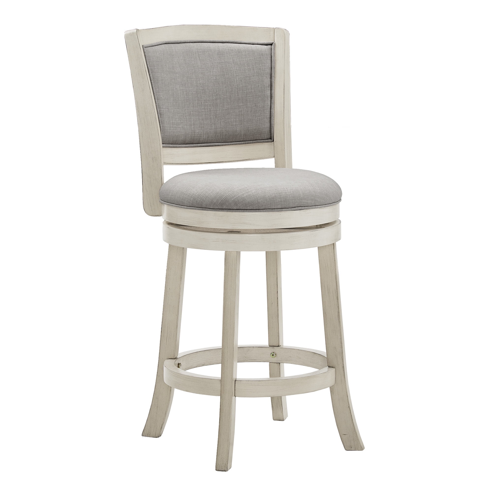 Weston Home Haas Upholstered Back Swivel Stool, 24" Counter Height, Antique White Finish, Gray Linen