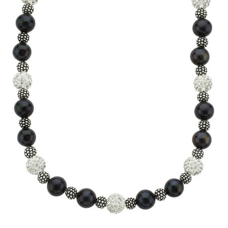 14-inch Necklace with Swarovski Crystals and Black Freshwater Pearls in Sterling Silver