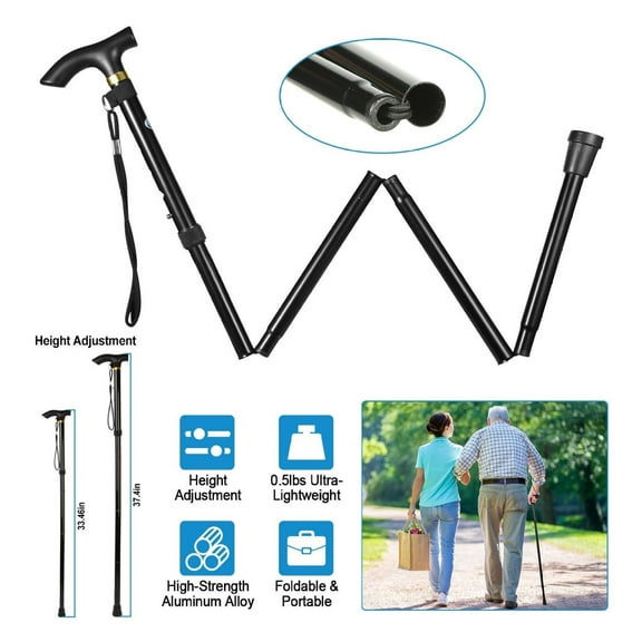 Folding Walking Cane - Trekking Poles Adjustable Lightweight Portable Hiking Stick for Men Women - Collapsible Travel Aid with Wrist Strap