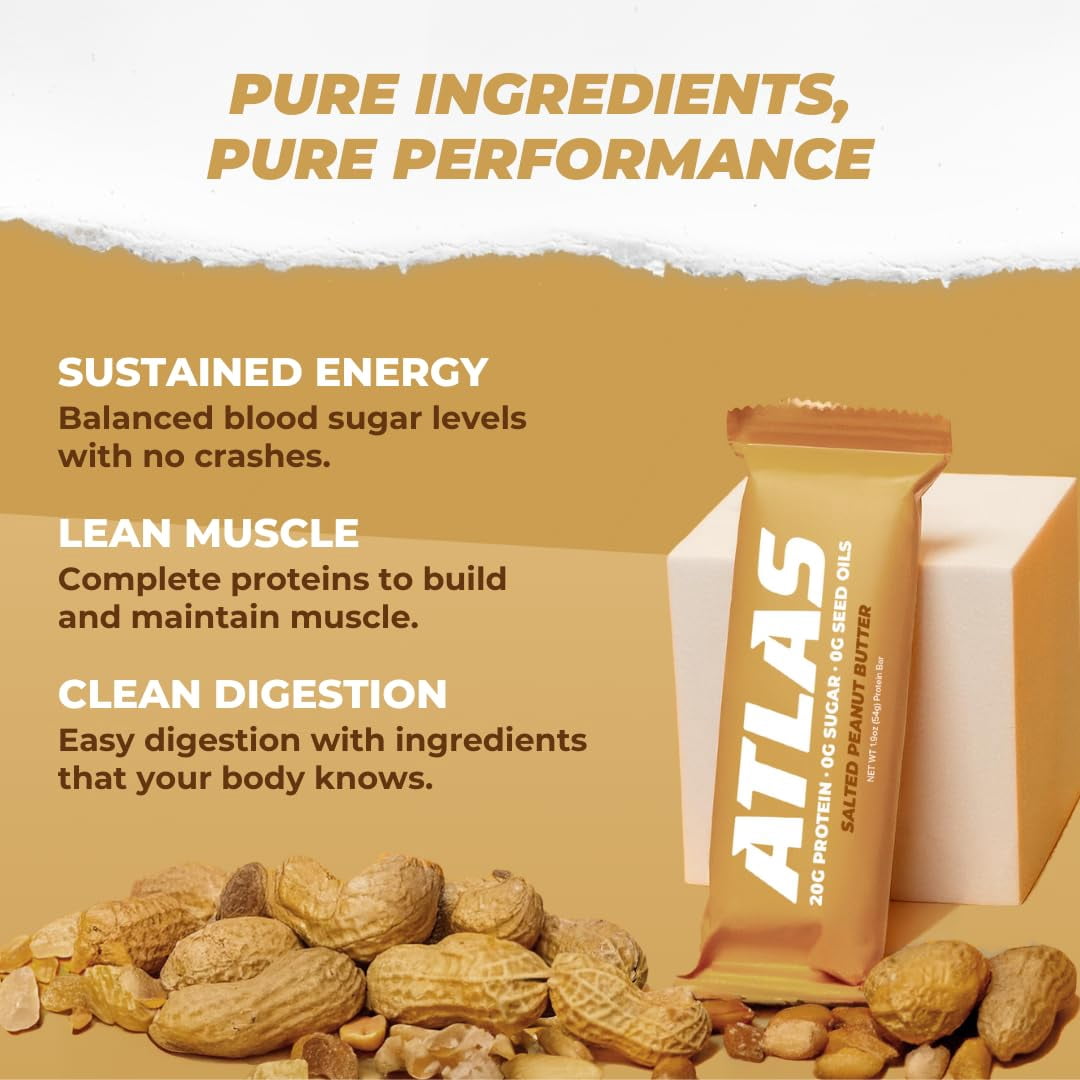 Atlas Protein Bar, Salted Peanut Butter, 20g Protein, 1g Sugar, 0g Seed Oils, 0g Artificial Sweeteners, 12-Pack