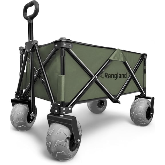 Rangland Beach Cart with Big Air Wheels for Sand - All Terrain Sand Wagon with Large Pneumatic Rubber Tires, Folding Design, Heavy-Duty Steel Frame (RX800, Green)