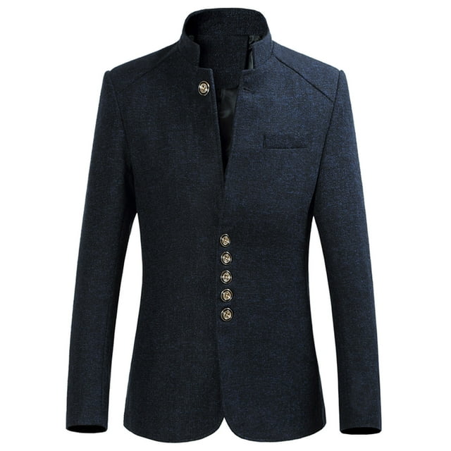 Men Casual Solid Stand-up Collar Slim-fit Buttons Back Center Slit Suit Coat