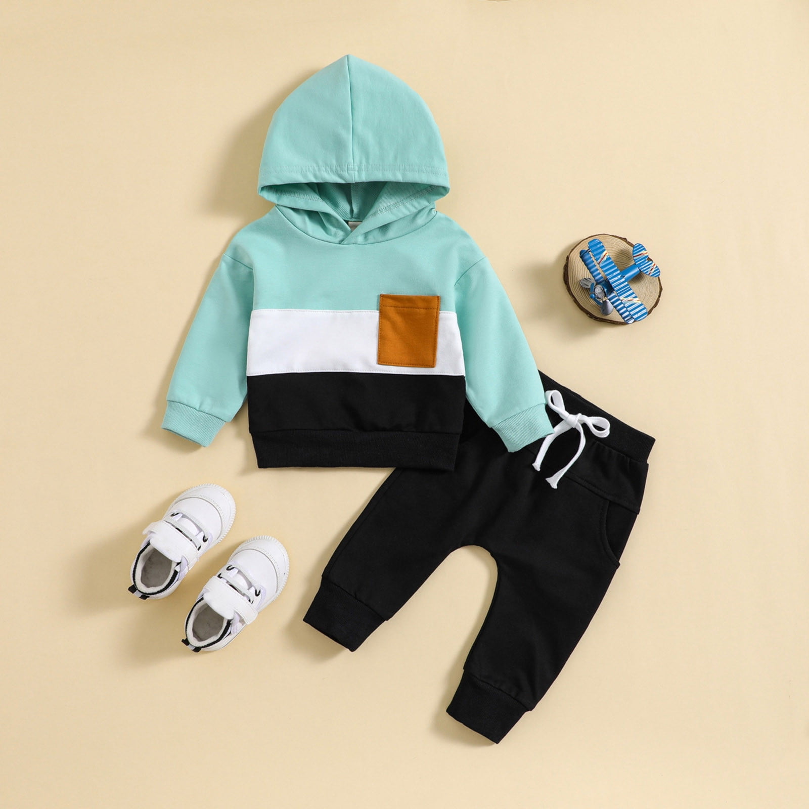 TJAZFJPA Cute Summer Outfits for Teens Crop Tops Toddler Boys Girls Long Sleeve Patchwork Colour Hooded T Shirt Pullover Tops Pants Outfits Airport Outfit Newborn Boy Photoshoot Outfits