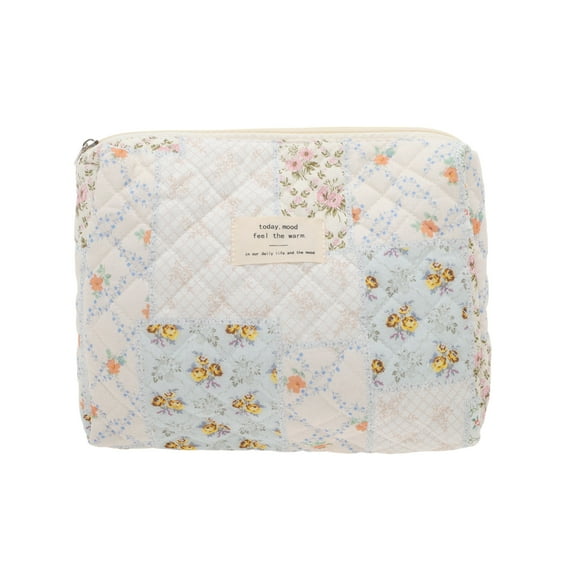 Unique Bargains 1 Pc Durable Floral Handheld Quilting Makeup Bag White Blue Cotton Fabric