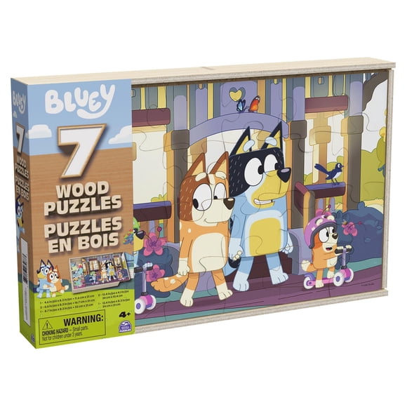 Bluey, 7 Wood Puzzles Jigsaw Bundle 12-Piece 16-Piece 24-Piece Bluey Bingo Bandit Chilli Muffin with Storage Tray, for Kids Ages 4 and up