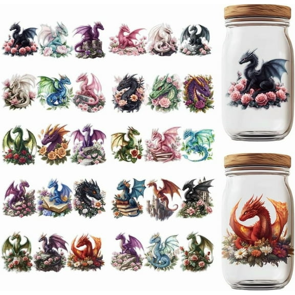 30 Pcs UV DTF Cup Wraps 10 Styles Dragons and Flower Stickers Cartoon Rub on Decals Waterproof Transfer Stickers