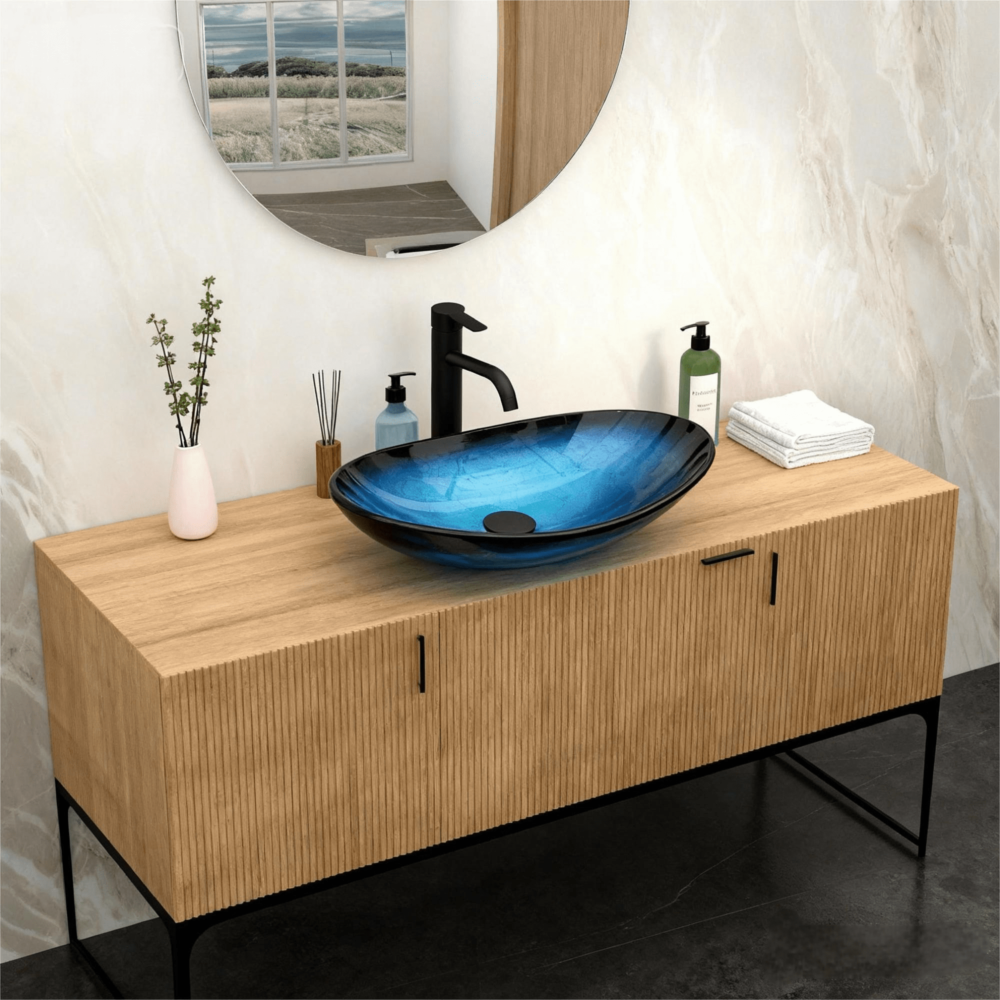 Vanity With Sink, Bathroom Artistic Tempered Glass Blue Vessel Bathroom Sink Pop-up Drain, Blue Boat Shape Bathroom Sink Above Counter (no Faucet), Blue Bathroom Vanity,Single Sink Vanity