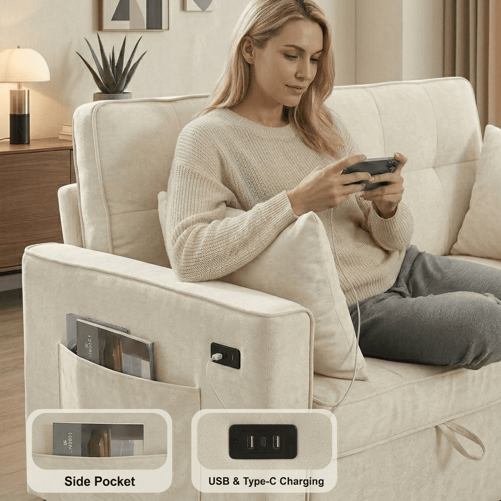 Howcool 55" Convertible Sofa Bed Pull Out Couch Sleeper Sofa with Adjustable Backrest USB Charging Ports Side Pocket Terry Cloth Fabric for Living Room Small Spaces,Beige