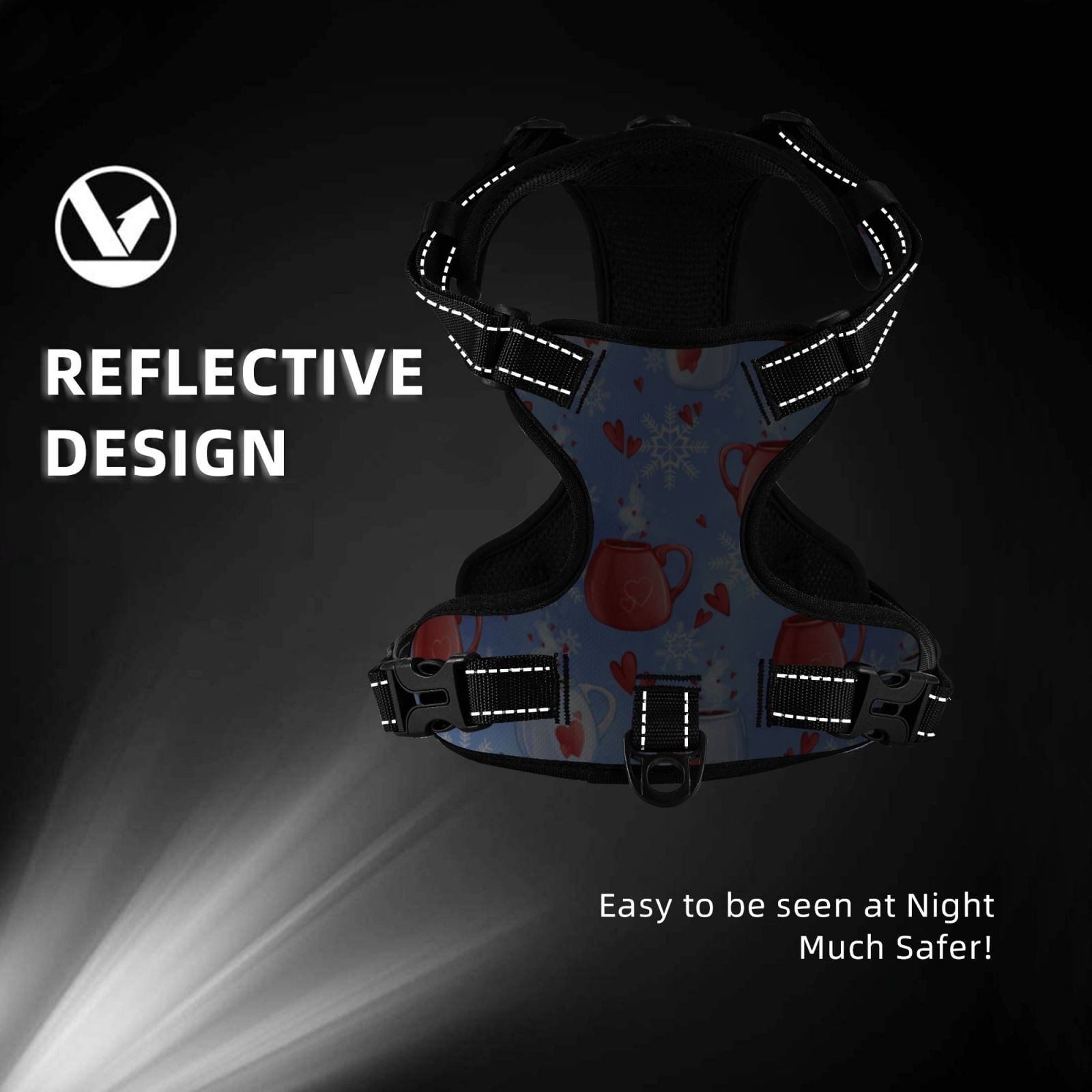 Fuzoiu coffee love cup winter Print Reflective Dog Harness,Adjustable, Breathable Pet Vest,Dog Harness No Pull,No Choke Pet Vest for Small, Medium, and Large Dogs-Small