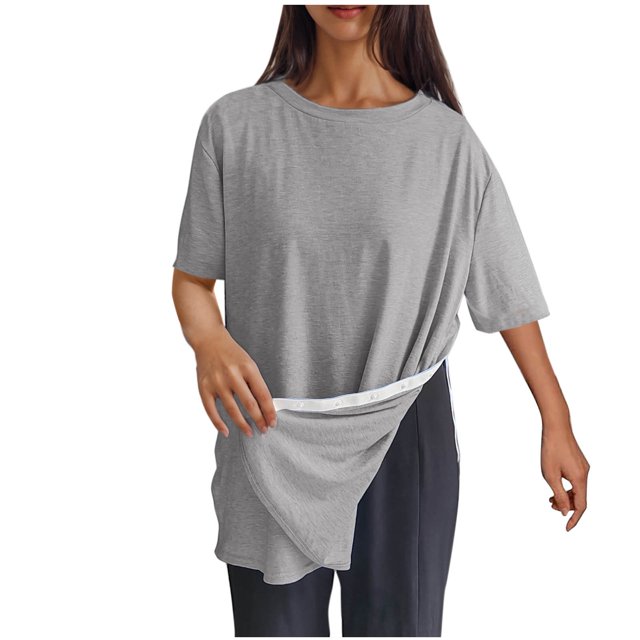 Timegard Hauts pour Femmes Col Rond Manches Courtes Bouton Latéral Couleur Unie Blouse Décontractée Confortable