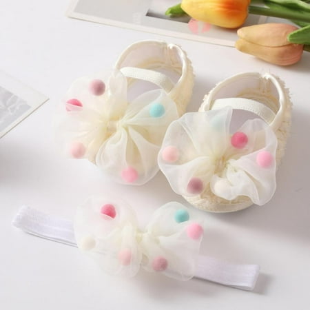 

Toddler Girls Crib Shoes+Headband First Walker Crib Shoes for Girl 0-18 Month Lightweight Soft Rubber Sole Mary Jane Prewalker Infant Summer Princess Shoes with Bowknot Cotton Cozy Baptism Crib Shoes