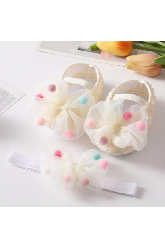 Baby Girl Baptism Shoes Soft Sole Bowknot Princess Shoes Toddler Soft Sole Walking Shoes Headband Set First Walkers S-L