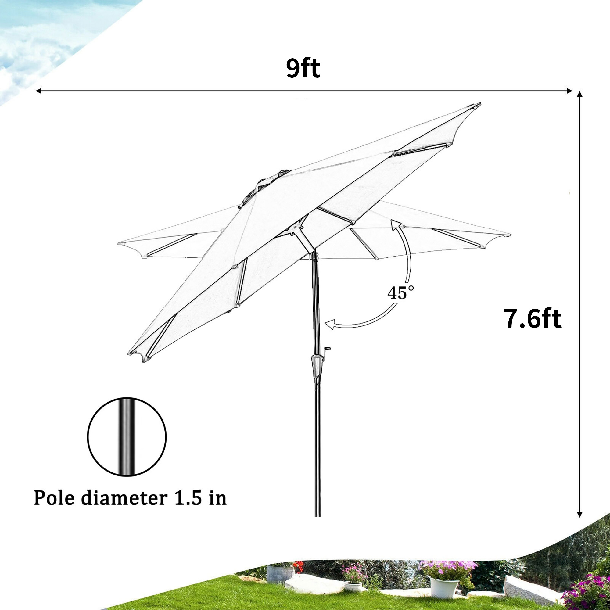 Autlaycil 9ft Outdoor Patio Umbrellass 6 Ribs w/ Tilt & Crank Patio Table Umbrella-Khaki - image 2 of 6