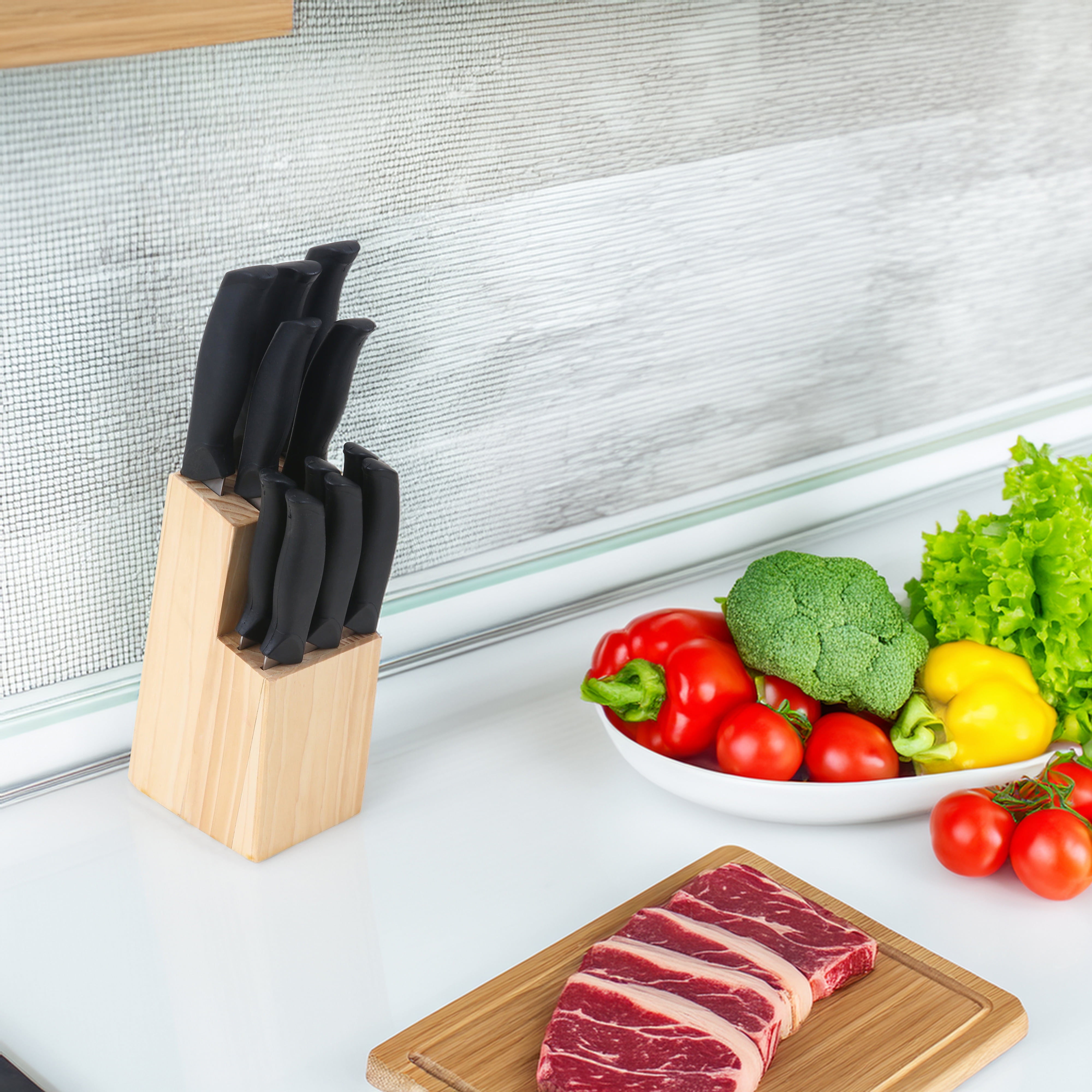 Mainstays 12 Piece Cutlery Set with Soft Grip Handles and Wood Storage Block