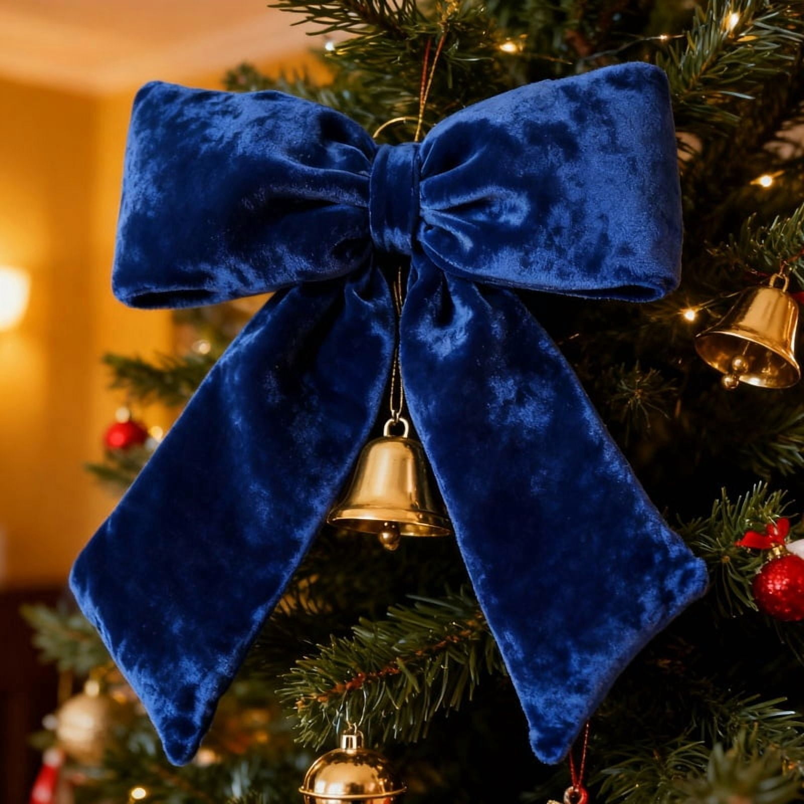 LoomJoyz Navyblue Extra Large Plush Velvet Bows 15-Inch Christmas Bow Tree Topper for Christmas Tree Decoration Door Window Decor