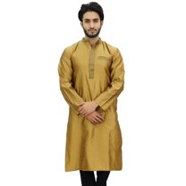 Atasi Designer Indian Ethnic Men's Gold Kurta Pyjama Long Dupion Shirt-XL