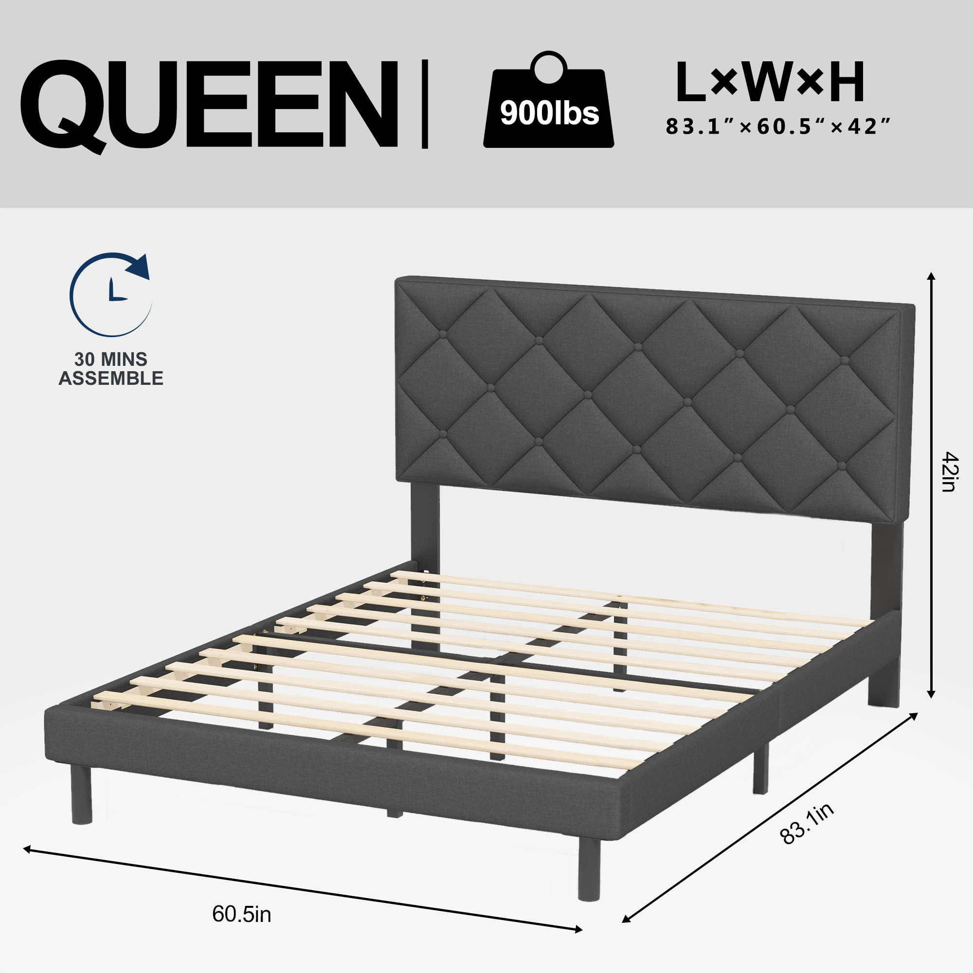 Queen Bed, HAIIDE Queen Size bed Frame with Fabric Upholstered Headboard,Dark Grey, Easy Assembly - image 4 of 7