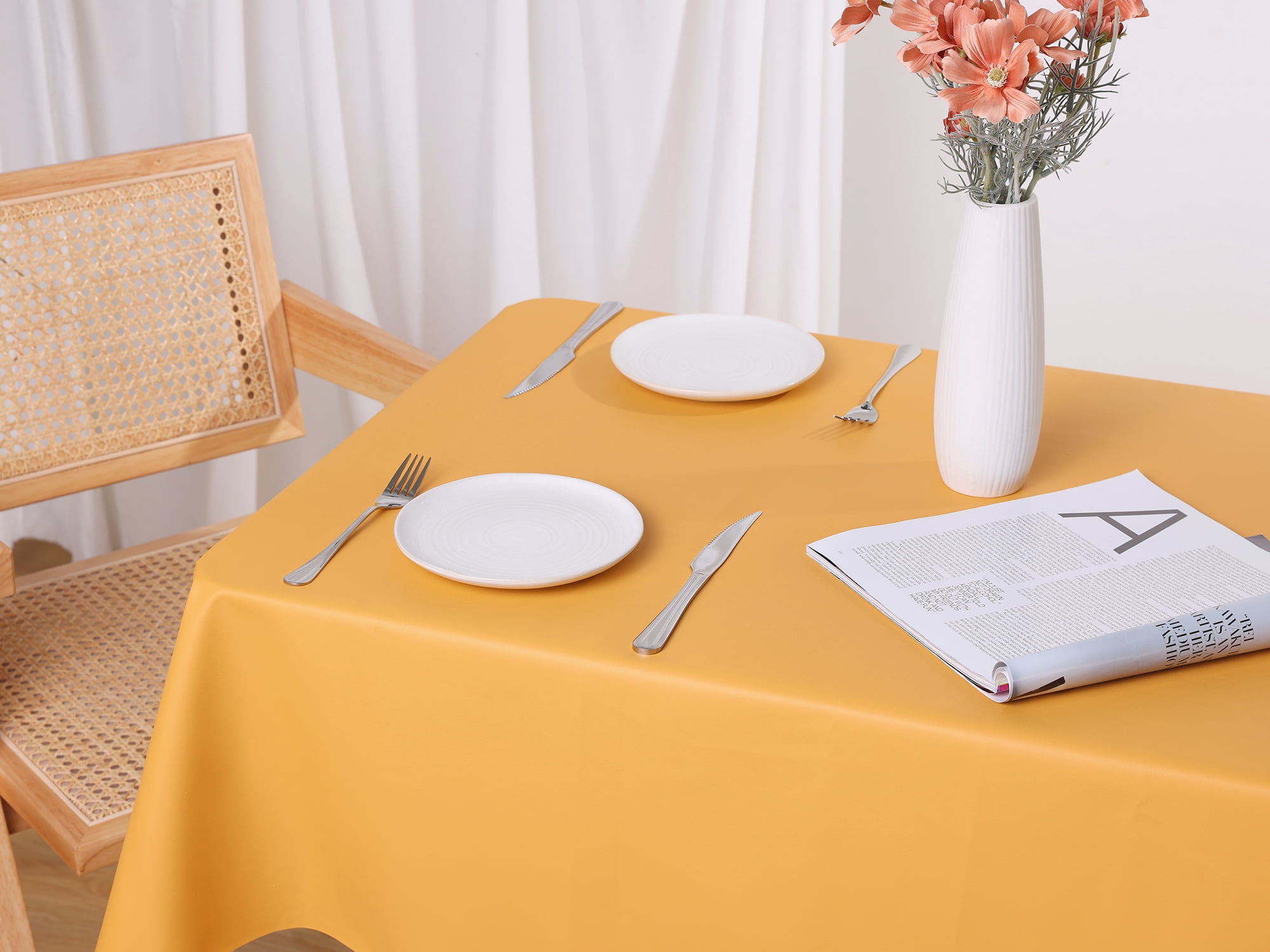 Unique Bargains Rectangle Water Resistance Vinyl Table Cover Tablecloth Yellow 55"x63"