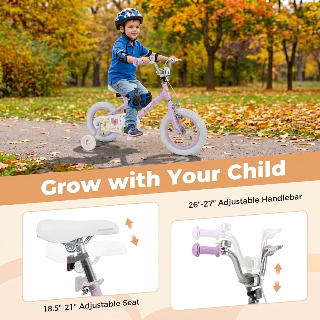 Redsmile Kids Bike 12 Inch with Adjustable Seat and Training Wheels for Boys Girls Ages 3-8, Stars & Moon Design Children Bicycle with Front Handbrake, Kids Bicycle 12in, Purple