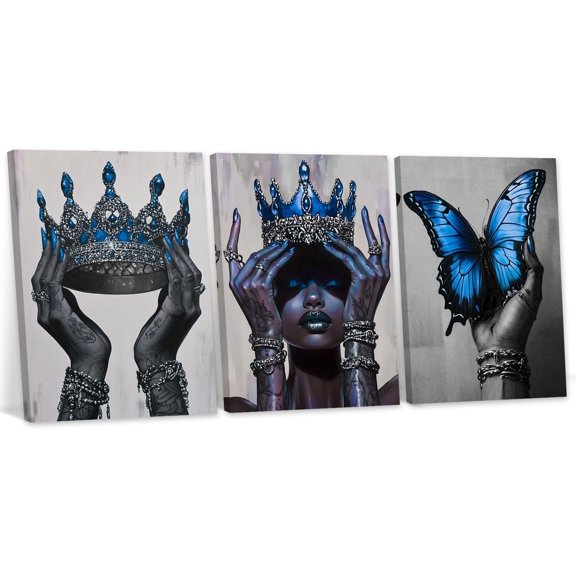 Hieng African American Wall Art Black Woman Canvas Butterfly Queen Crown Pictures Elegant Woman Painting for Girl Decor Unframed