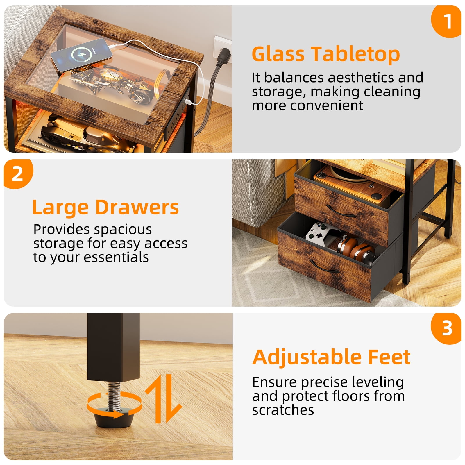 Tomnk 2 Pack Rustic Brown Nightstands with LED Lights, Charging Station, Drawers