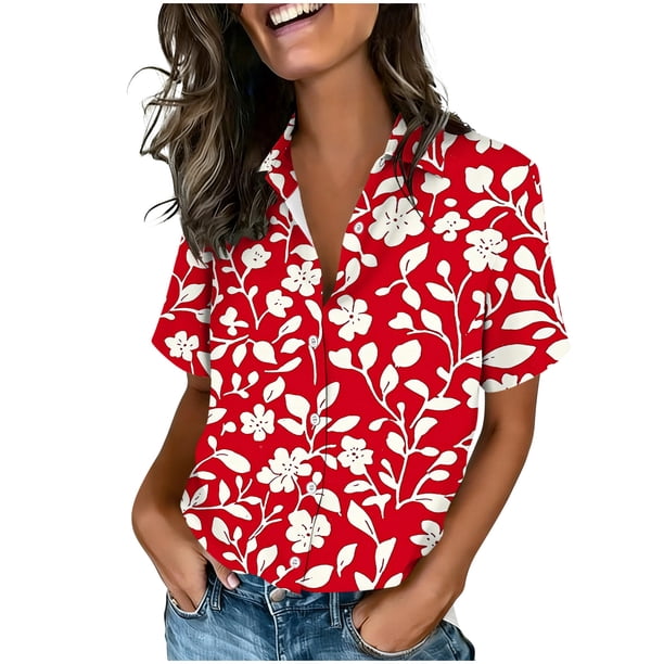 Camiseta de manga corta impresa con botones para abajo con bolsillo, top casual suave para el uso diario de primavera y verano